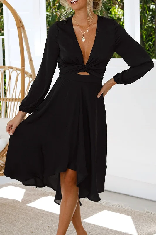 Nicola Satin Tie Front Midi Dress | Black Cozy Women's Winter