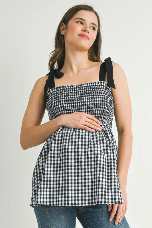 Gingham Smocked Shoulder Tie Sleeveless Maternity Top Sophisticated Women's 