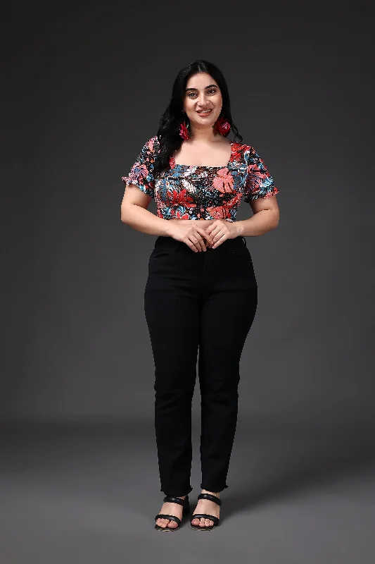 Multicolored Leaf Printed Crop Top Dynamic Women's Moto