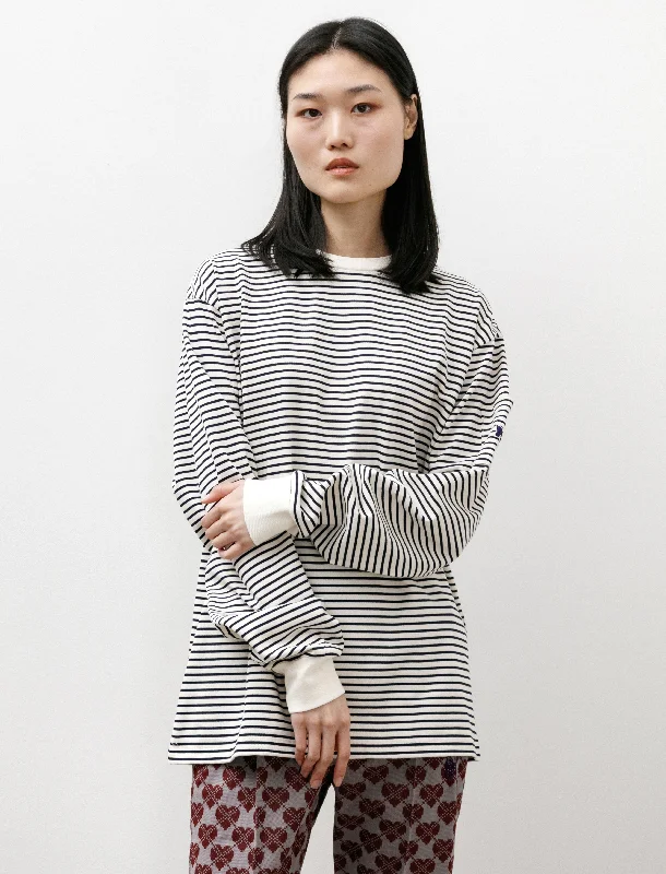 LS Crewneck Tee Cotton Stripe Jersey White/Navy Hip Women's Retro