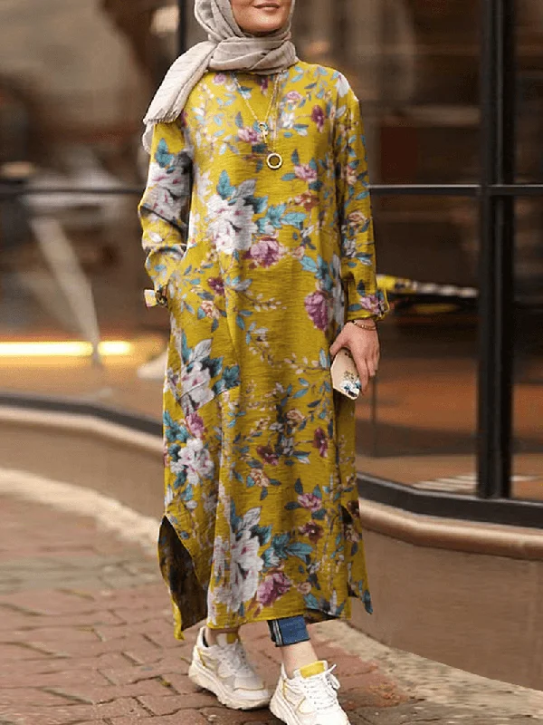 Women Cotton Floral Print Loose Contrast Color Robe Kaftan Split Hem Shirt Dress with Pocket Gym