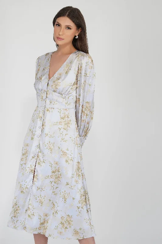 Tessa Long Sleeve Satin Midi Dress in Champagne Sleek Women's 