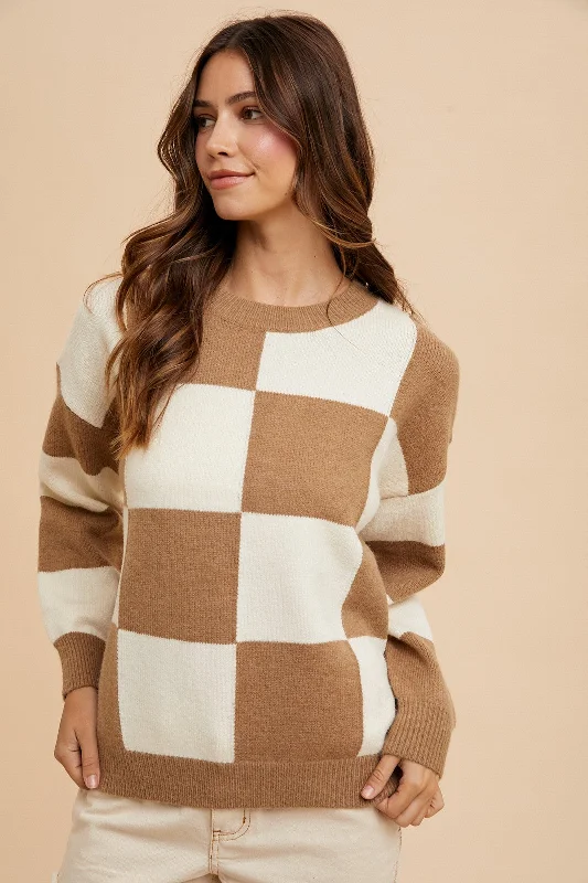 Annie Wear Checkered Round Neck Dropped Shoulder Sweater Minimalist Women's Casual