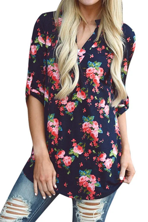 Custom Random Floral Print V-Neck Long Sleeves Curved Hem Blouses Athletic Women's 
