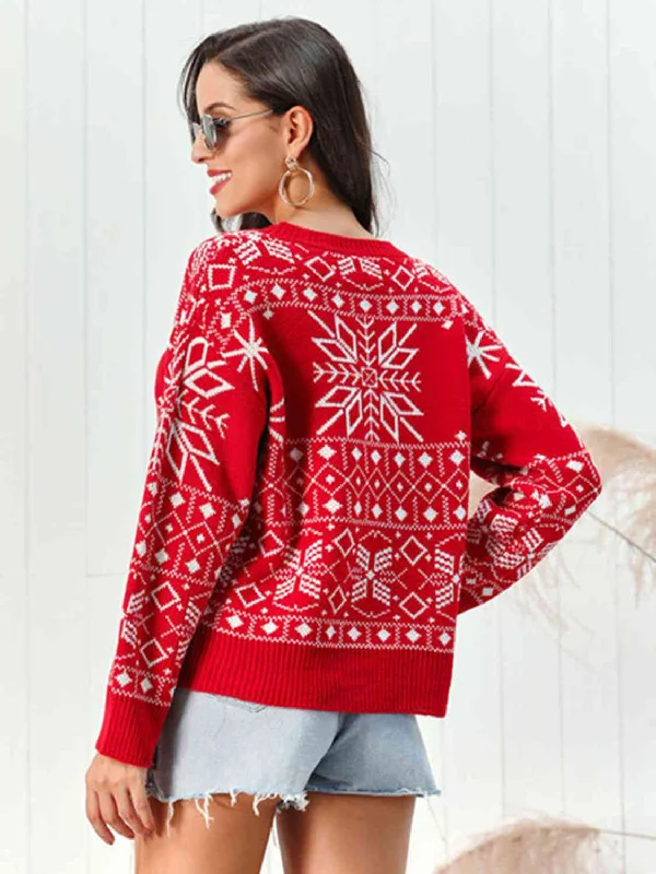 Snowflake Pattern Round Neck Sweater Compression