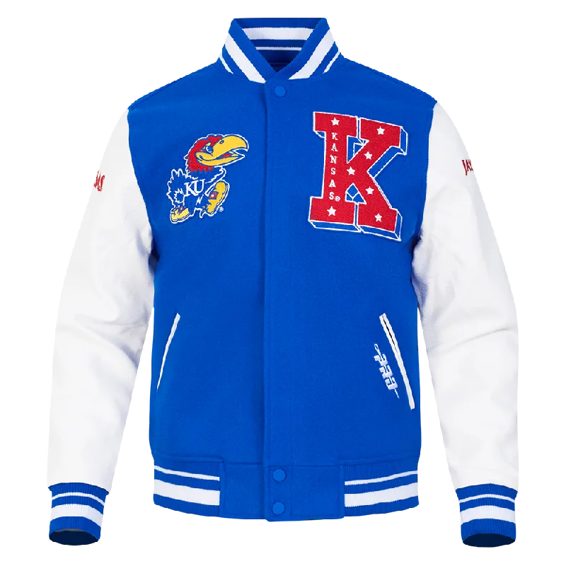 NCAA UNIVERSITY OF KANSAS CLASSIC MEN'S RIB WOOL VARSITY JACKET (ROYAL BLUE/WHITE) European