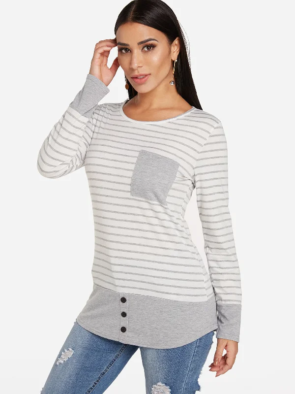 Custom Round Neck Stripe Long Sleeve Curved Hem White Top Relaxed Women's 