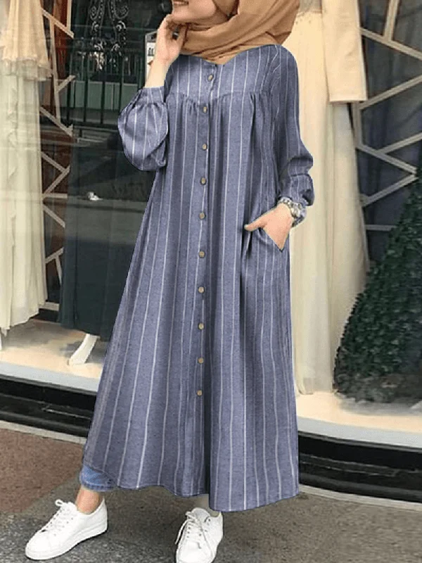 Women Casual Stripe Print Button Long Sleeve Side Pocket Shirt Maxi Dress Gym