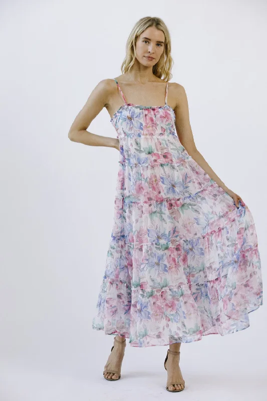 Multicolor Floral Chiffon Ruffle Tiered Maxi Dress Modern Women's 