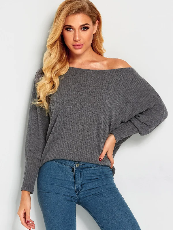 Custom Off The Shoulder Plain Long Sleeve Grey T-Shirts Street
