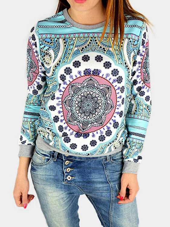 Custom Round Neck Geometrical Long Sleeve Blue Top Sophisticated Women's Tailored
