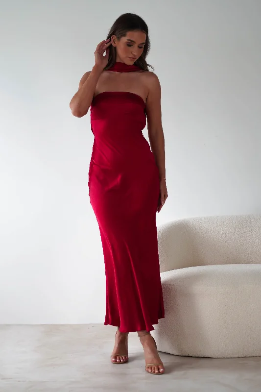 Alice Soft Satin Maxi Dress | Dark Red Luxurious Women's High -  end