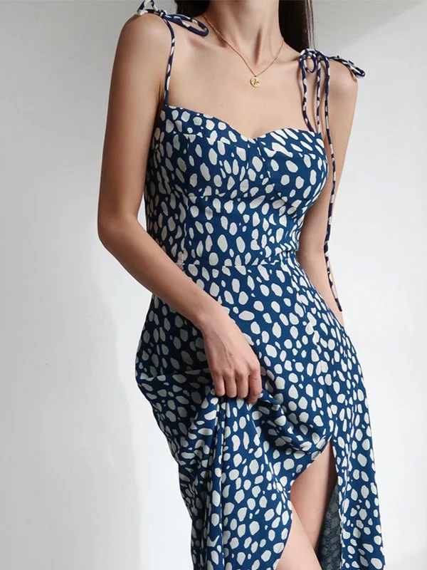 Dalmatian Print Tie Strap Split Maxi Dress Monochromatic All - in - one