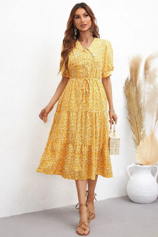 Floral Tie Waist Collared Neck Tiered Dress Minimalist Women's Casual