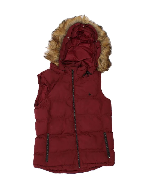 JACK WILLS Womens Hooded Padded Gilet UK 6 XS Burgundy Polyester Geometric