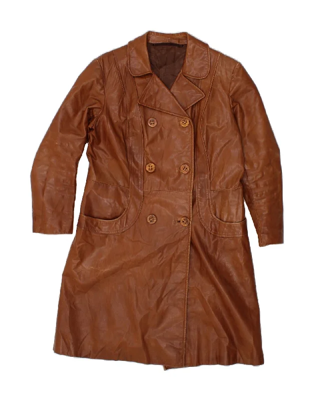 VINTAGE Womens Leather Coat UK 10 Small Brown Classic Women's Pin - striped