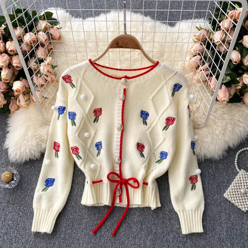 Knit cardigan, vintage, embroider flower, loose long sleeve sweater, short paragraph spaghetti strap top, sweet two sets 1339 Scandinavian
