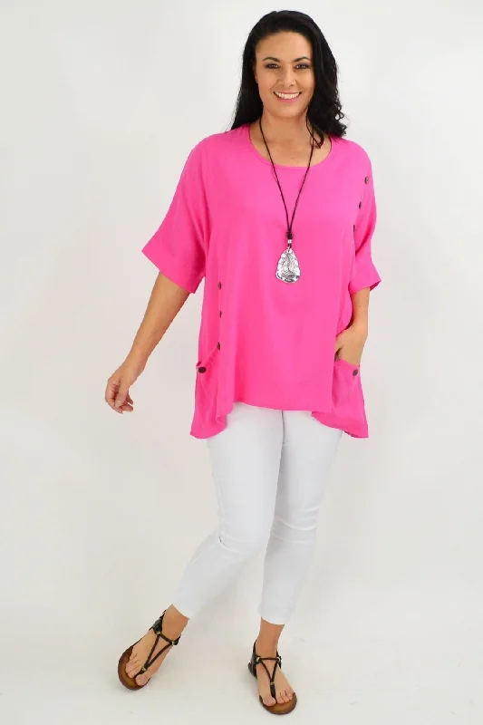 Hot Pink Coconut Button Sloping Sleeve Tunic Top Artistic Women's Hand - painted