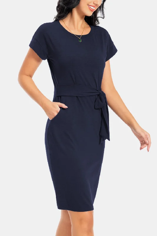 Tie Front Round Neck Short Sleeve Dress Refined Women's Hand - crafted