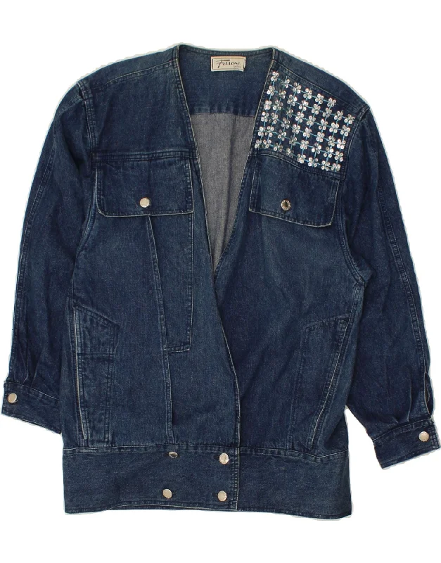 VINTAGE Womens Denim Jacket UK 14 Medium Navy Blue Bohemian Women's Free