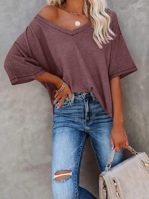 Women's V Neck Loose Sleeve Waffle Knit T-Shirt Geometric