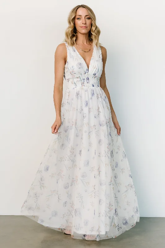 Kamila Tulle Maxi Dress | White Floral Refined Women's Hand - crafted