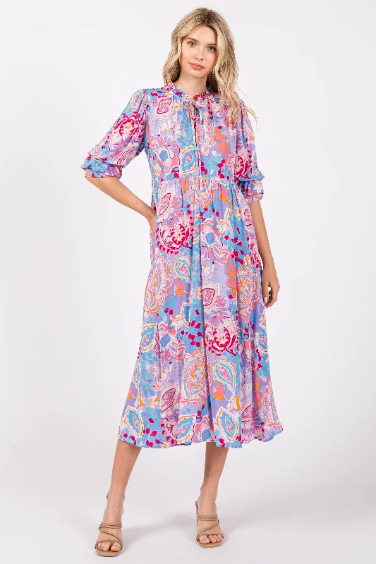 Lavender Paisley Print Tiered A-Line Midi Dress Cool Women's Distressed