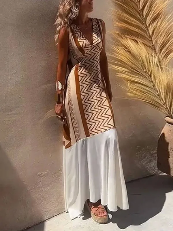 Ethnic Print Patchwork Charming A-line Maxi Dress Dapper Women's 1920S