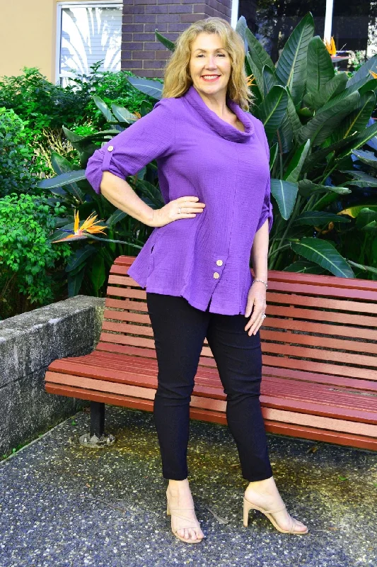 Purple Rolled Neck Coconut Button Tunic Top Elegant Women's 