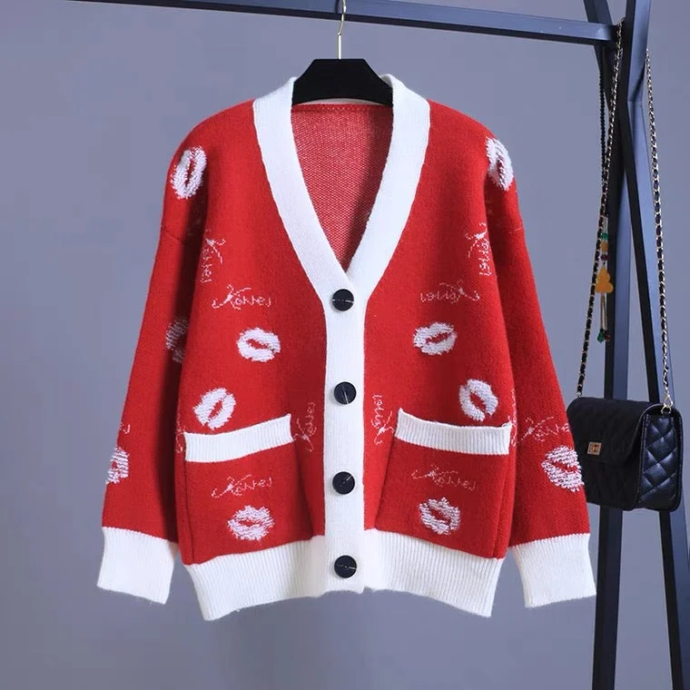 Contrast color sweater coat Cardigan, loose, V-neck, lip knit top  1403 Monochromatic Office Style