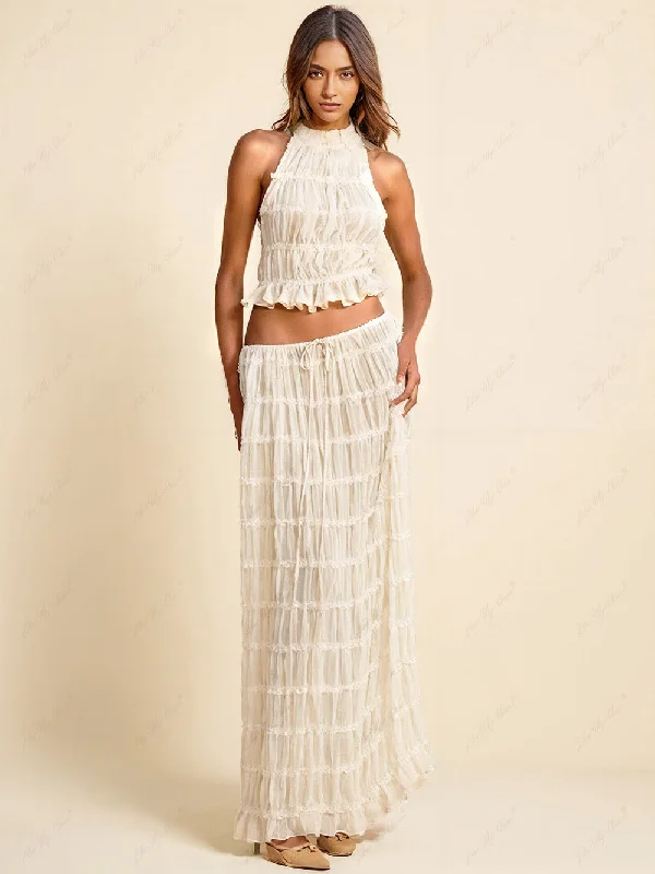 Charm Pleated Drawstring Charming Waist Tiered Maxi Skirt Feminine Women's Style 
