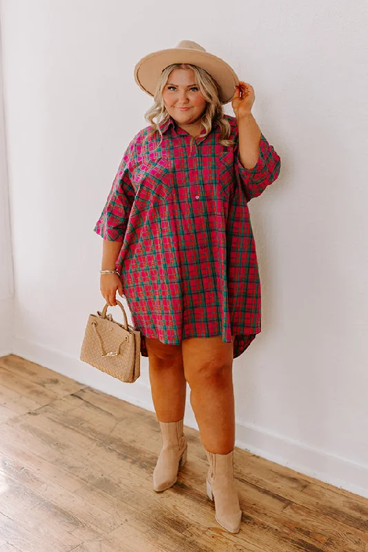 Cider Sippin' Oversized Plaid Mini Dress in Pink Curves Trendy Women's 