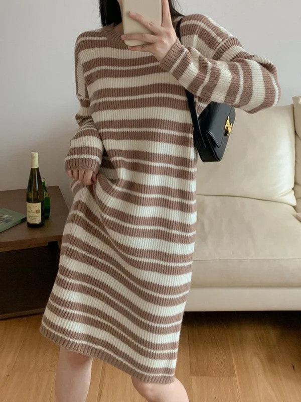 Knitted Stripe Long Sleeve Maxi Dress Sophisticated Women's Tailored