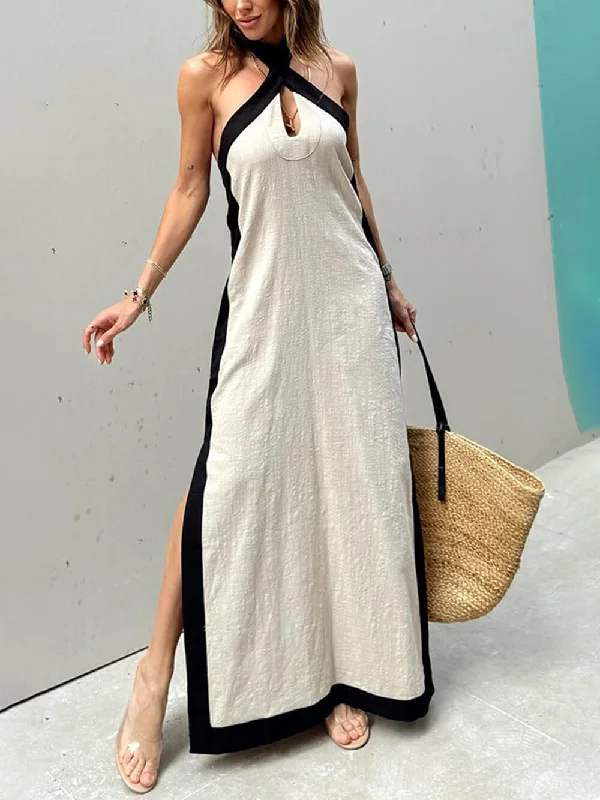 Color Block Halter Charming Neck Slit Maxi Dress Refined Women's Hand - crafted