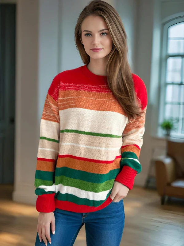 Contrast Striped Round Neck Long Sleeve Sweater Sporty Women's Athleisure 