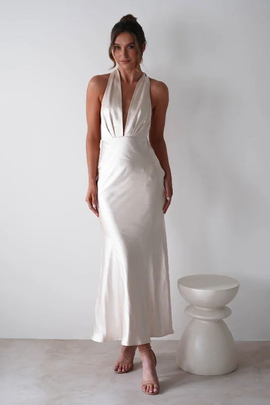 Kaylah Satin Halter Neck Maxi Dress | Champagne Edgy Women's Punk