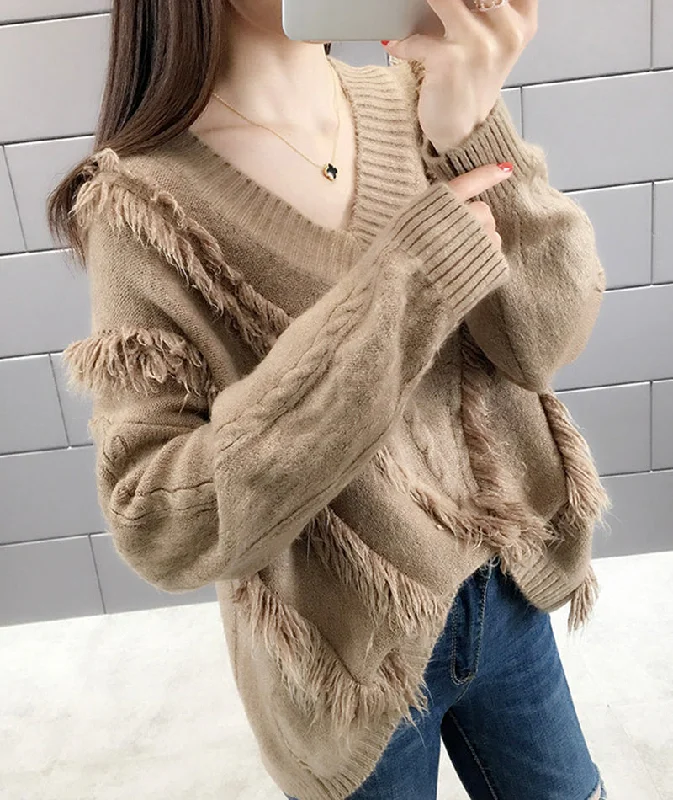 Sweet tassel v-neck sweater long sleeve sweater  120 Earthy Women's Hemp - based