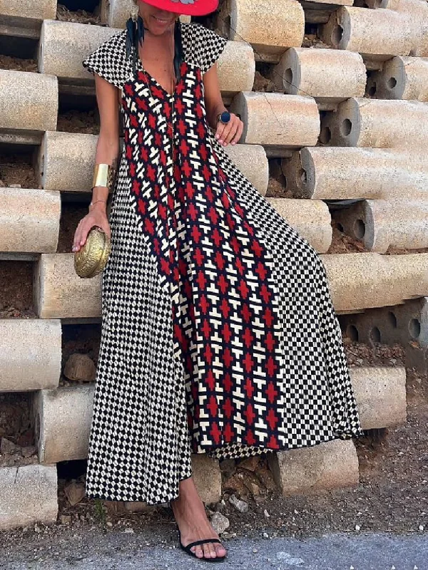 Ethnic Unique Print Ruffle Graceful Sleeve A-line Maxi Dress Earthy Women's Hemp - based Ethnic Unique Print Ruffle Graceful Sleeve A-line Maxi Dress Earthy Women's Hemp - based