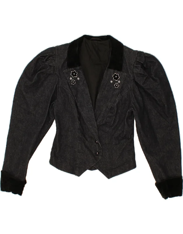 VINTAGE Womens Crop 2 Button Blazer Jacket UK 4 XS Black Floral purpose