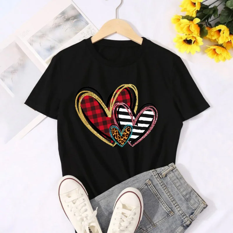 Women's Heart Print Short Sleeve T-shirt Gym