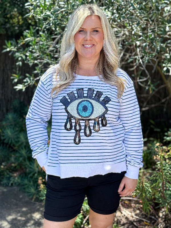 Suzie Sweater Navy Stripe Evil Eye Sequin Trendy Women's Oversized