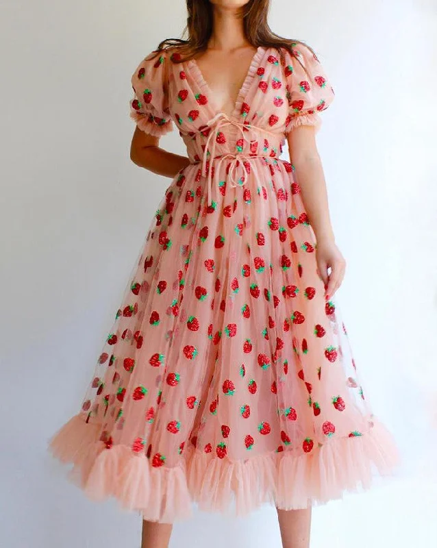 Sequined Strawberry Mesh Pleated Maxi Dress Bold Women's Animal Print