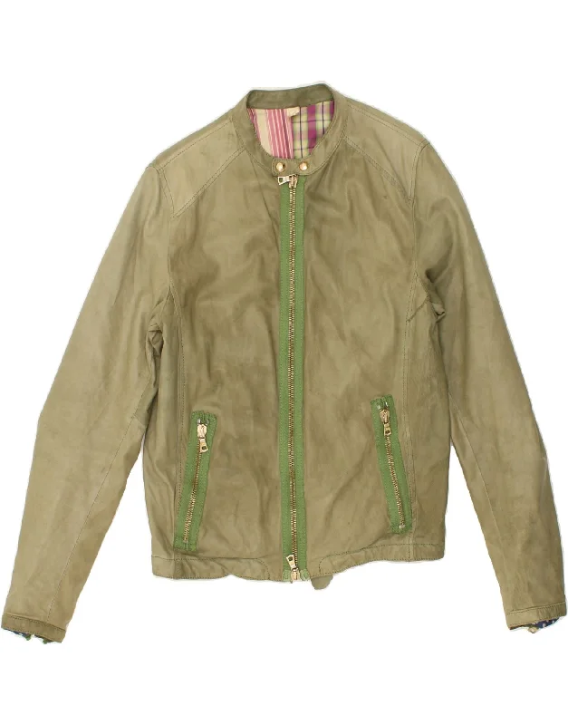 DELAN Womens Bomber Leather Jacket IT 48 Medium Green Leather French