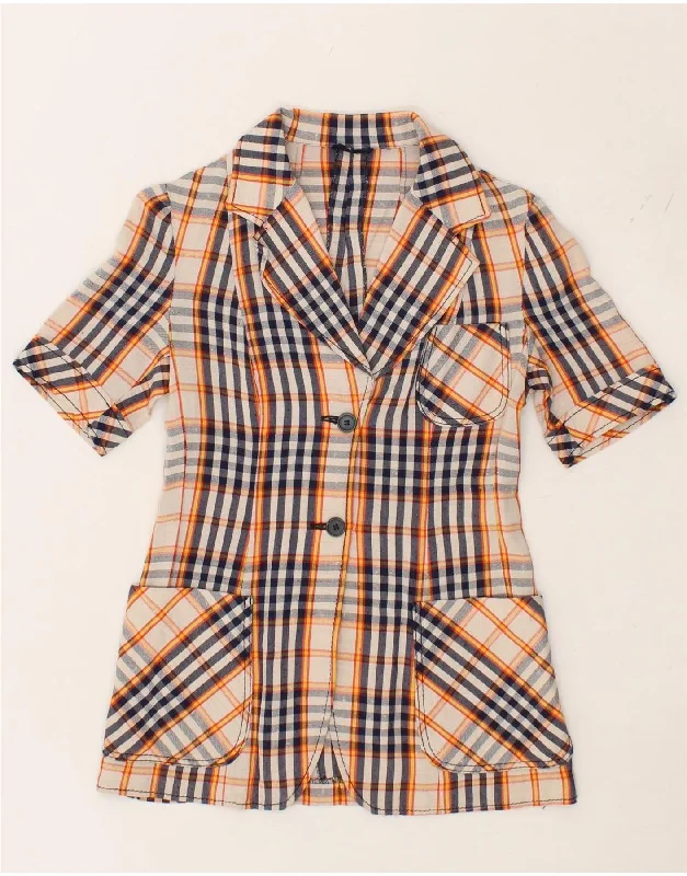 VINTAGE Womens 2 Button Short Sleeve Blazer Jacket UK 10 Small Pink Check Disco