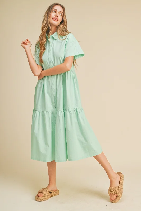 Mint Green Tiered Button Down Midi Dress Tough Women's Military - inspired