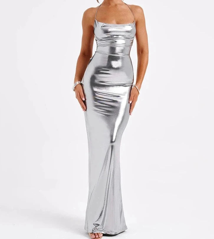 A&A Metallic Backless Cowl Neck Maxi Dress Refined Women's Hand - crafted