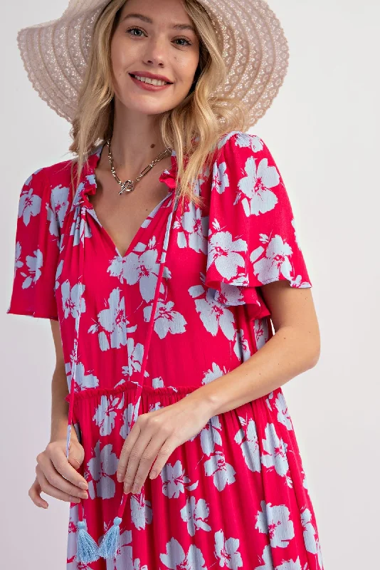 Coral Floral Ruffle Neck Tiered Maxi Dress Sleek Women's 