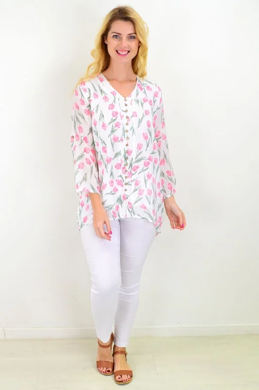 Floating Tulip Button Up Sleeve Tunic Blouse Women