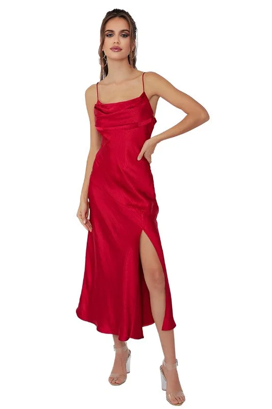 Satin Side Slit Midi Dress Cozy Women's Sherpa - lined