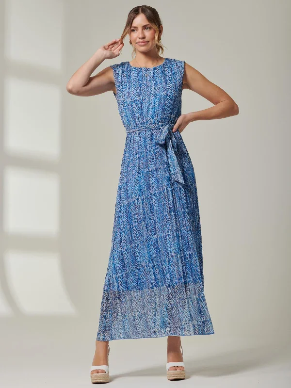Hollyn Pleated Chiffon Maxi Dress, Blue Abstract Athletic Women's High - 